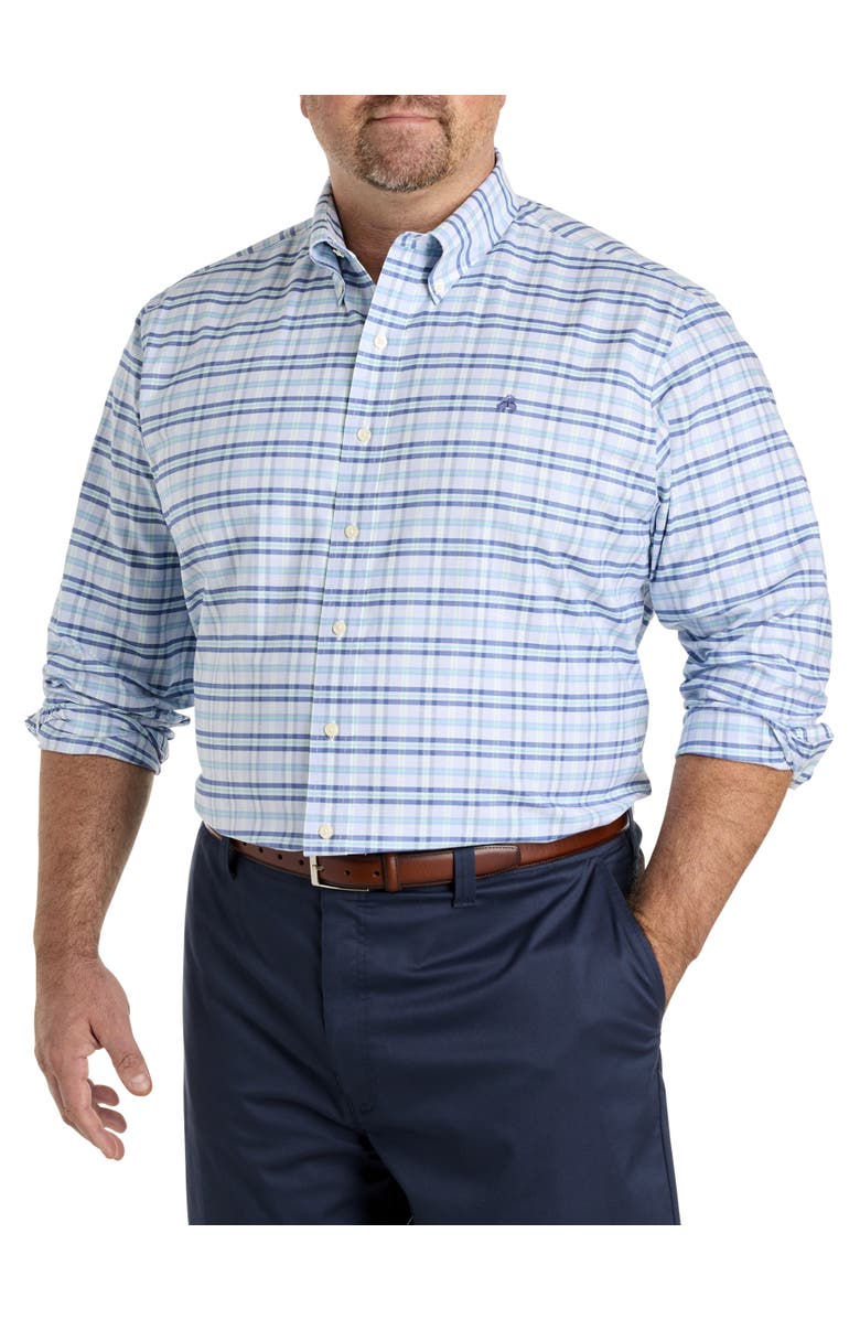B+T Essentials Fit by Dxl Big & Tall Non-Iron Plaid Oxford Sport Shirt, Main, color, Hydrangea Navy