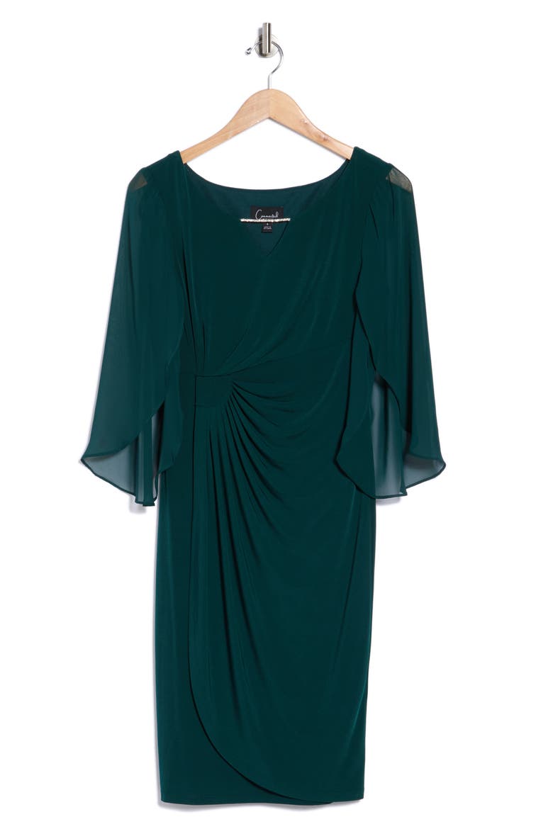Mixed Media Cape Sleeve Mock Wrap Cocktail Dress, Alternate, color, HUNTER