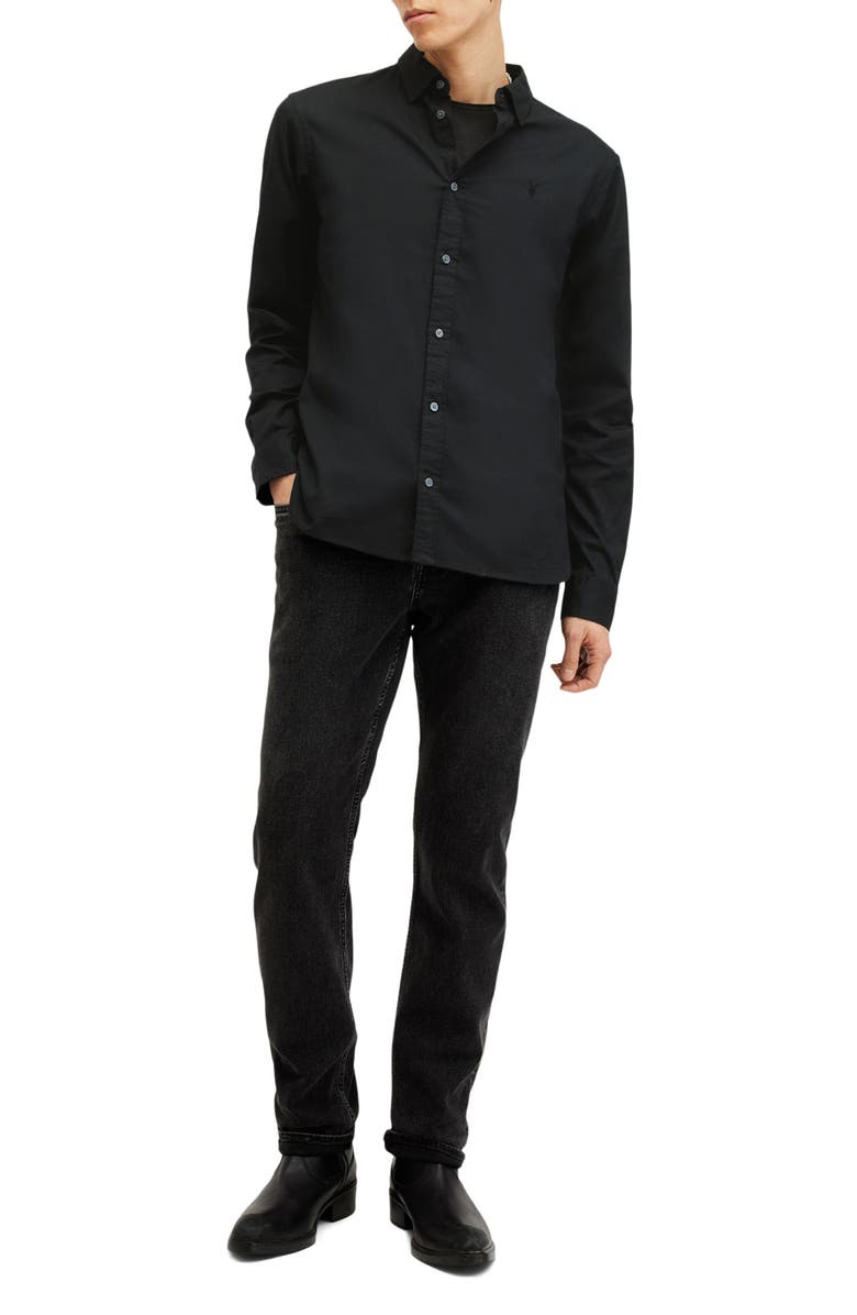 AllSaints Hawthorne Solid Stretch Cotton Button-Up Shirt, Alternate, color, Black