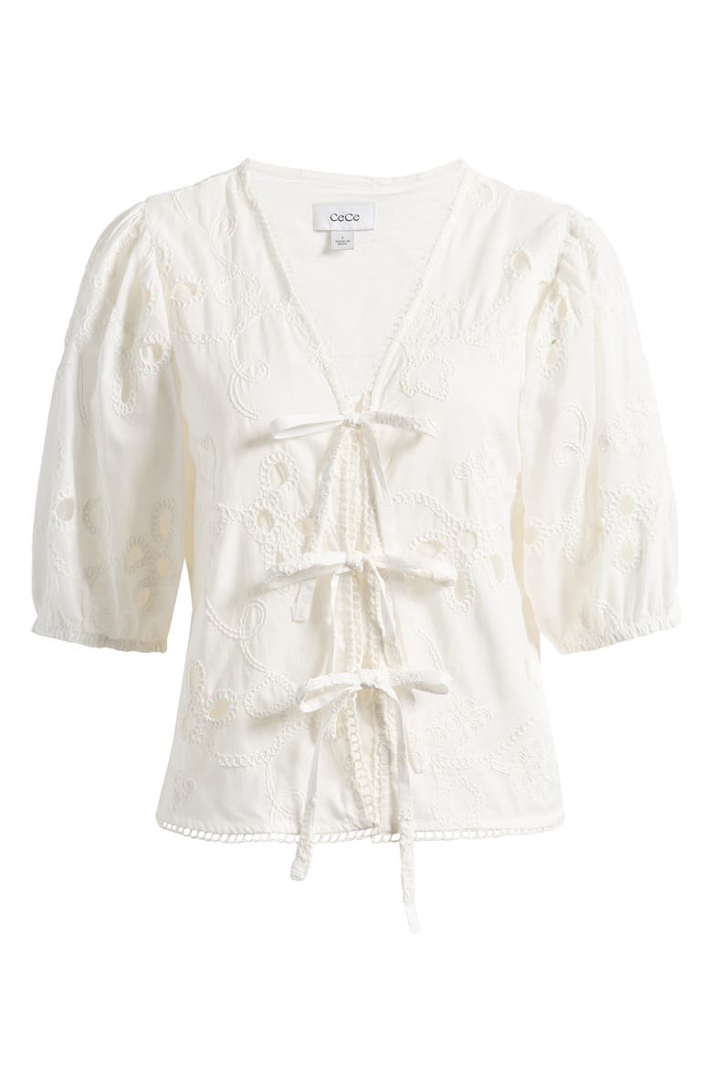 CeCe Embroidered Puff Sleeve Cotton Top, Alternate, color, Ultra White