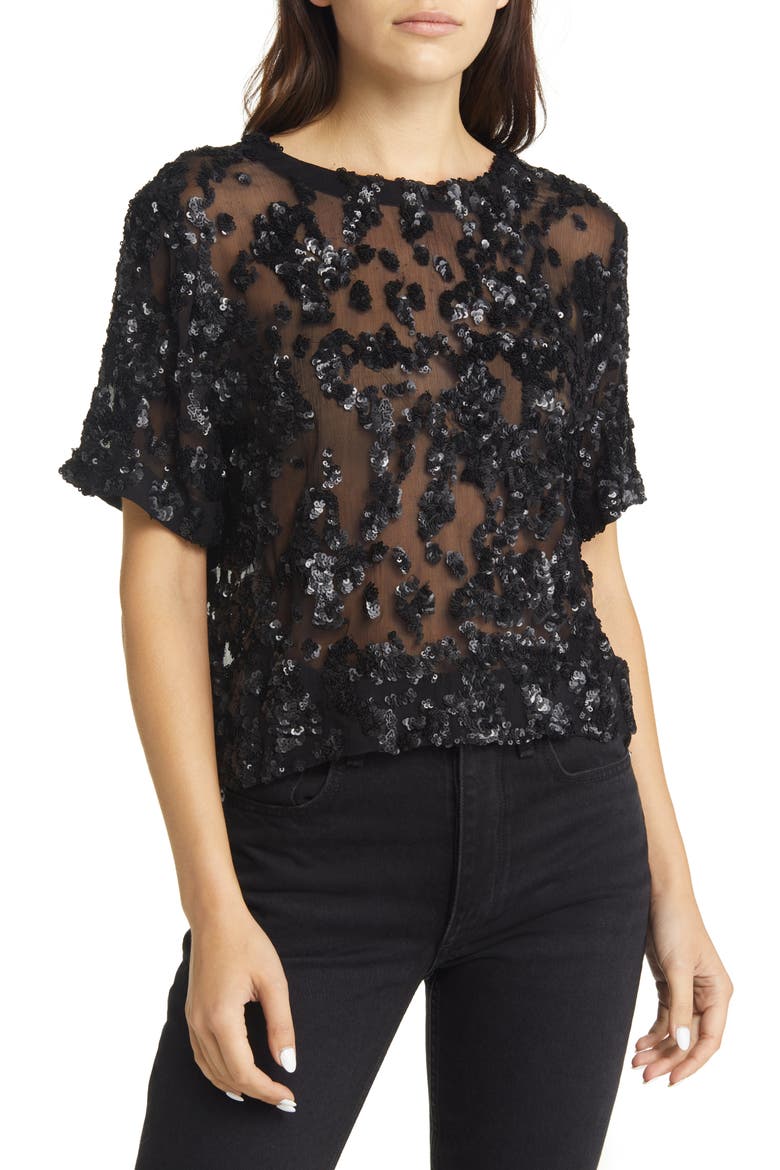 Gia Sequin Sheer Crop Top, Main, color, BLACK