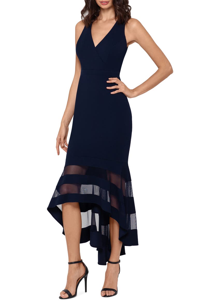 Xscape High/Low Flounce Midi Dress, Alternate, color, NAVY