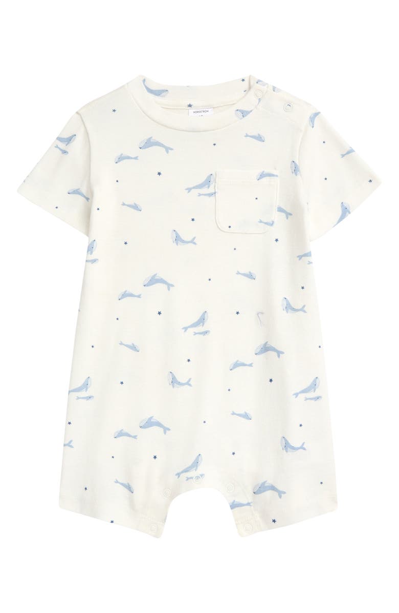 Nordstrom Star & Whale Print Cotton Pocket Romper, Main, color, Ivory Egret Star Whales