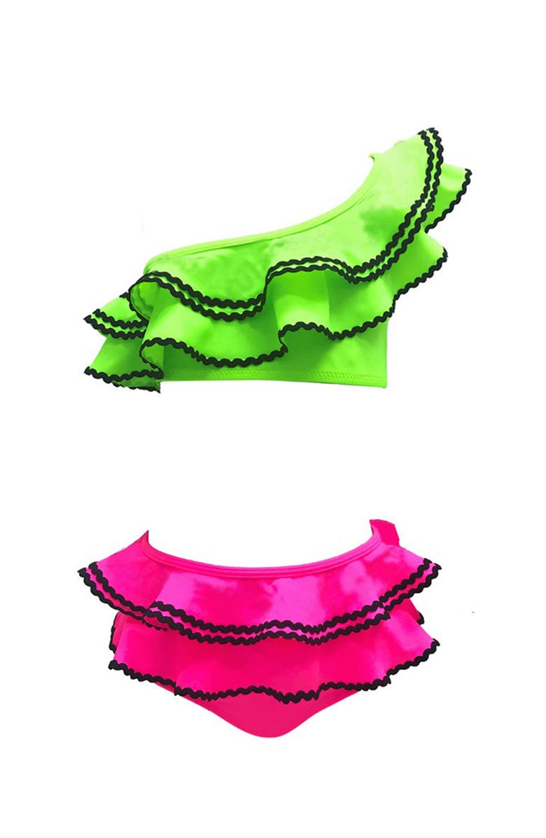 NESSI BYRD One Shoulder Multi-Layered Ruffle Multicolor Two-Piece Bikini, Little Kid-Big Kid, Main, color, Multicolor