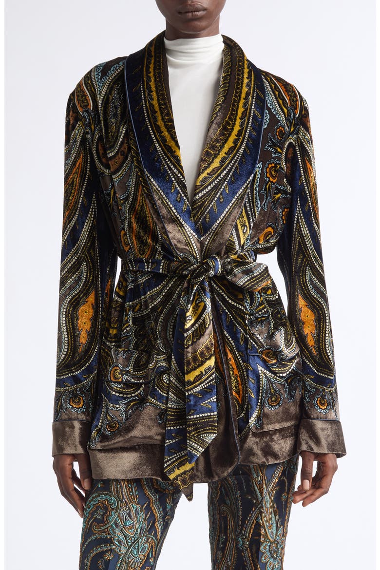 Paisley Velvet Wrap Jacket, Main, color, PRINTED BROWN BASE