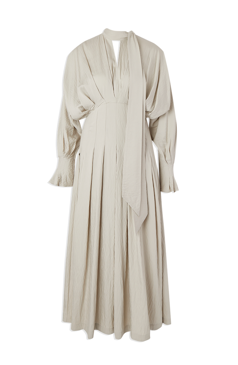 Karen Millen Pleated Neck Tie Detail Woven Maxi Dress, Alternate, color, Stone