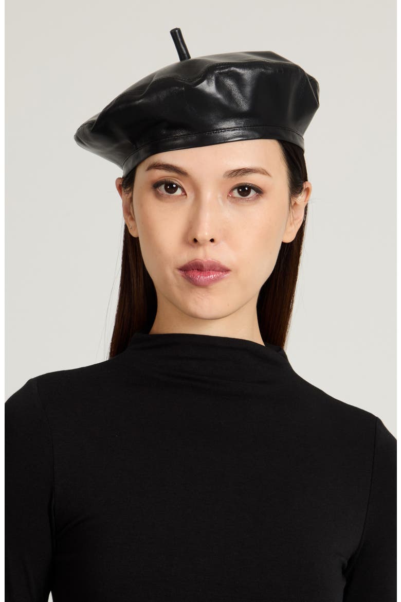 Carter Leather Beret, Alternate, color, BLACK