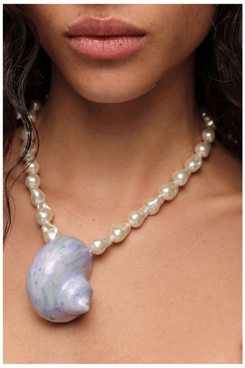 Pearl And Enameled Seashell Necklace, Alternate, color, BLUE