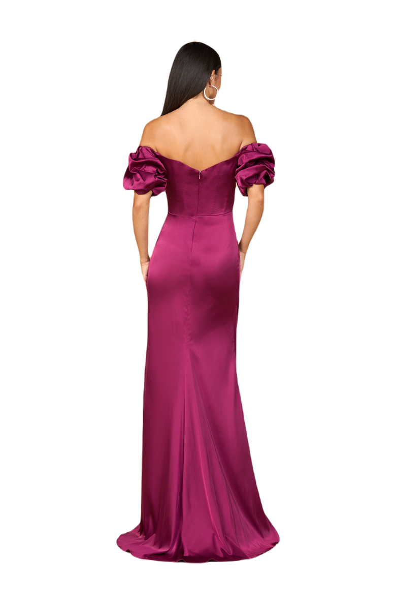 LARA New York Off Shoulder Satin Dress with Slit, Alternate, color, Wine