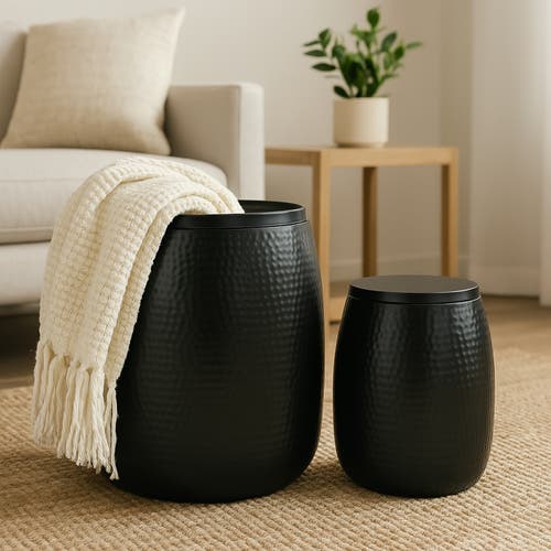 Happimess Merida Modern Rustic 2-piece Hammered Metal Drum Storage Side Tables With Lids