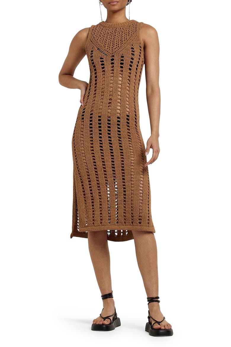 Ladder Stitch Sleeveless Cotton Crochet Knit Dress, Main, color, BROWN