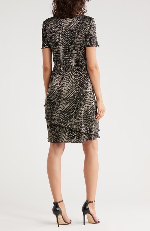 Connected Apparel Metallic Tiered Plissé Dress In Black