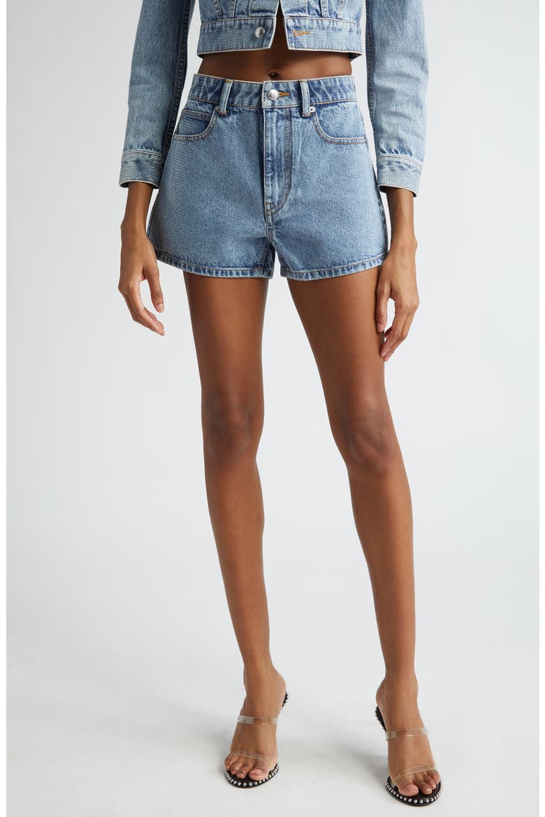 Shorty High Waist Hotfix Denim Shorts, Main, color, VINTAGE LIGHT INDIGO