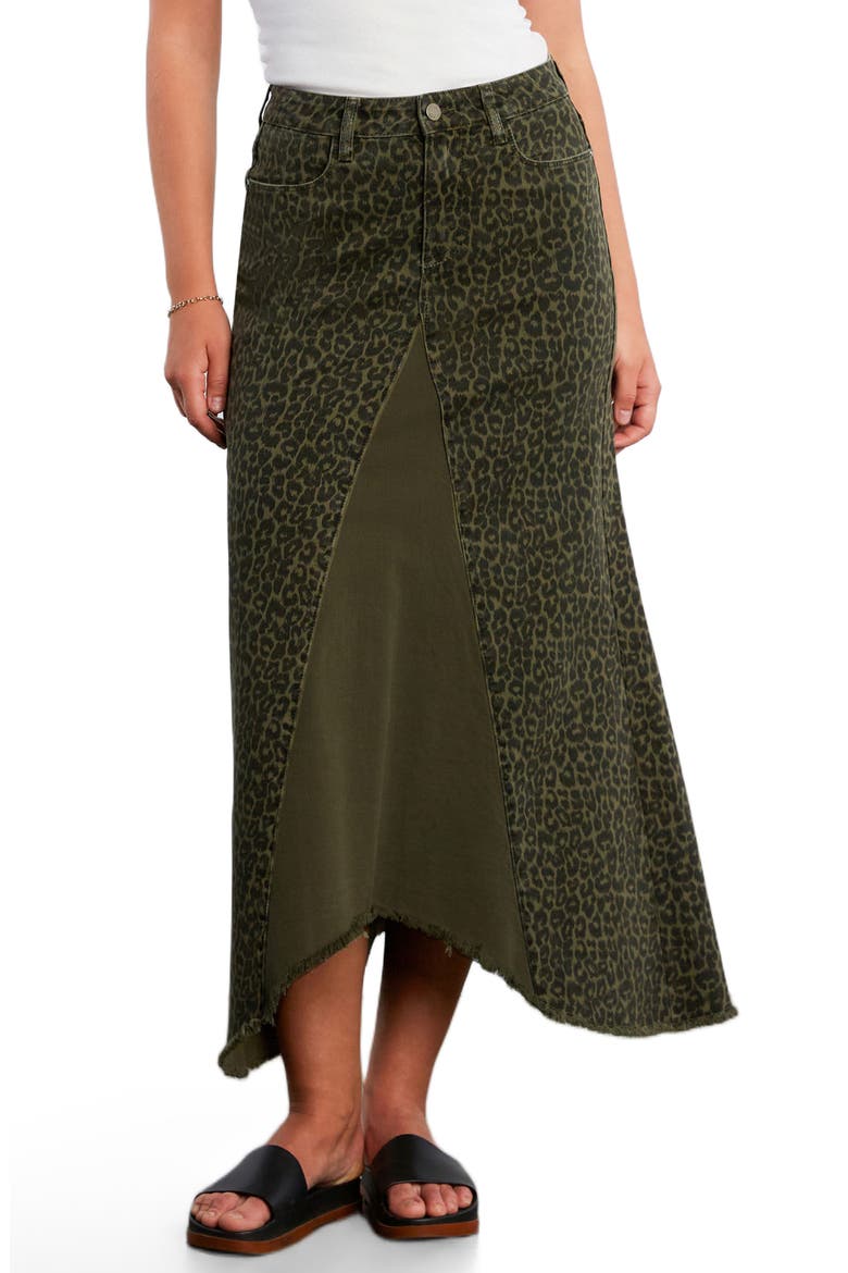 Leopard Print Pieced Denim Midi Skirt, Main, color, GREEN LEOPARD