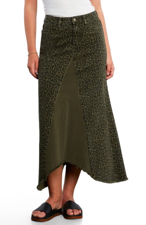 Leopard Print Pieced Denim Midi Skirt