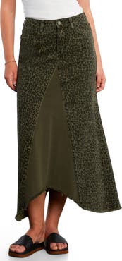 Wash Lab Denim Leopard Print Pieced Denim Midi Skirt