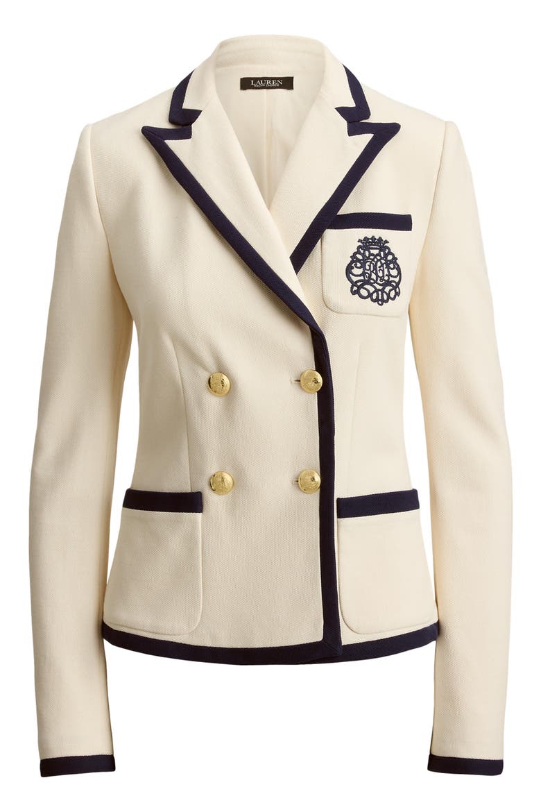 Double Breasted Piquè Blazer, Alternate, color, MASCARPONE CREAM/ REFINED NAVY