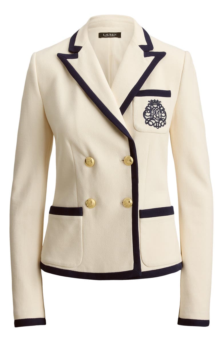 Lauren Ralph Lauren Double Breasted Piquè Blazer, Alternate, color, Mascarpone Cream/ Refined Navy