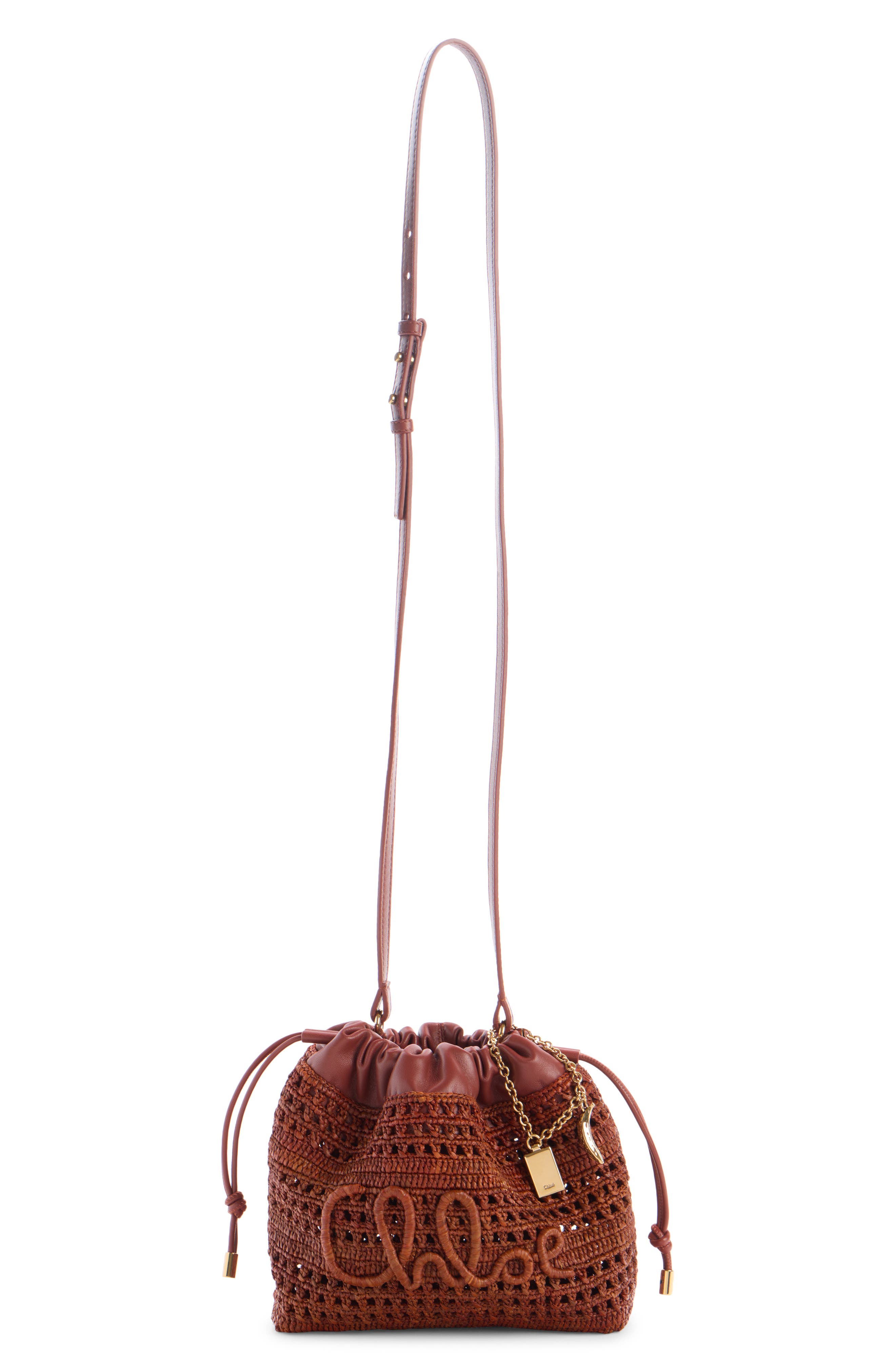 Chloé Mini Summer Banana Woven Raffia Drawstring Shoulder Bag, Alternate, color, 