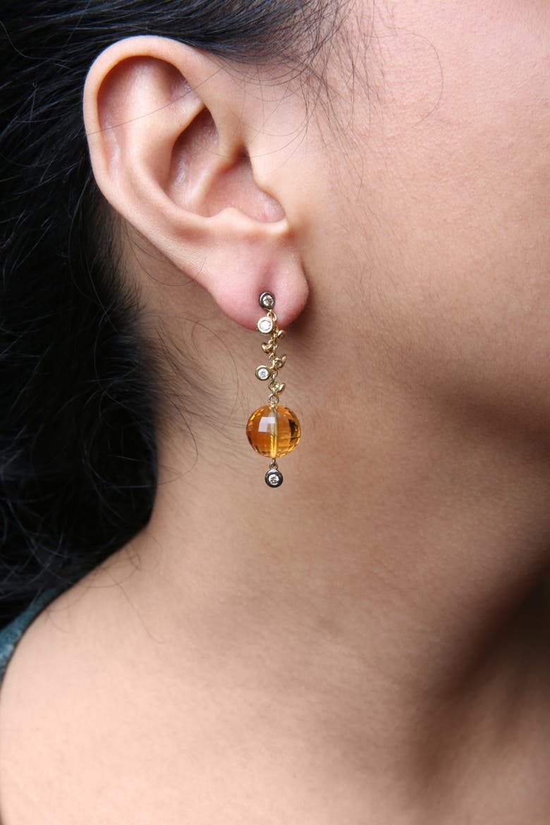 18K Gold 2/3 Cttw Diamond & Ball Shaped Citrine Gemstone Dangle Stud Earring, Alternate, color, Yellow
