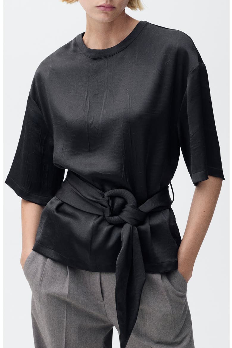 Belted Satin Shirt, Main, color, BLACK