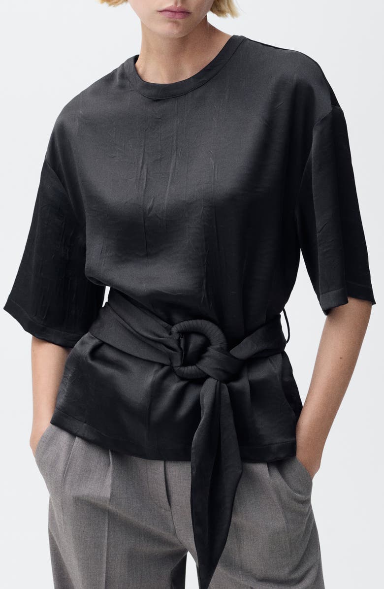 MANGO Belted Satin Shirt, Main, color,