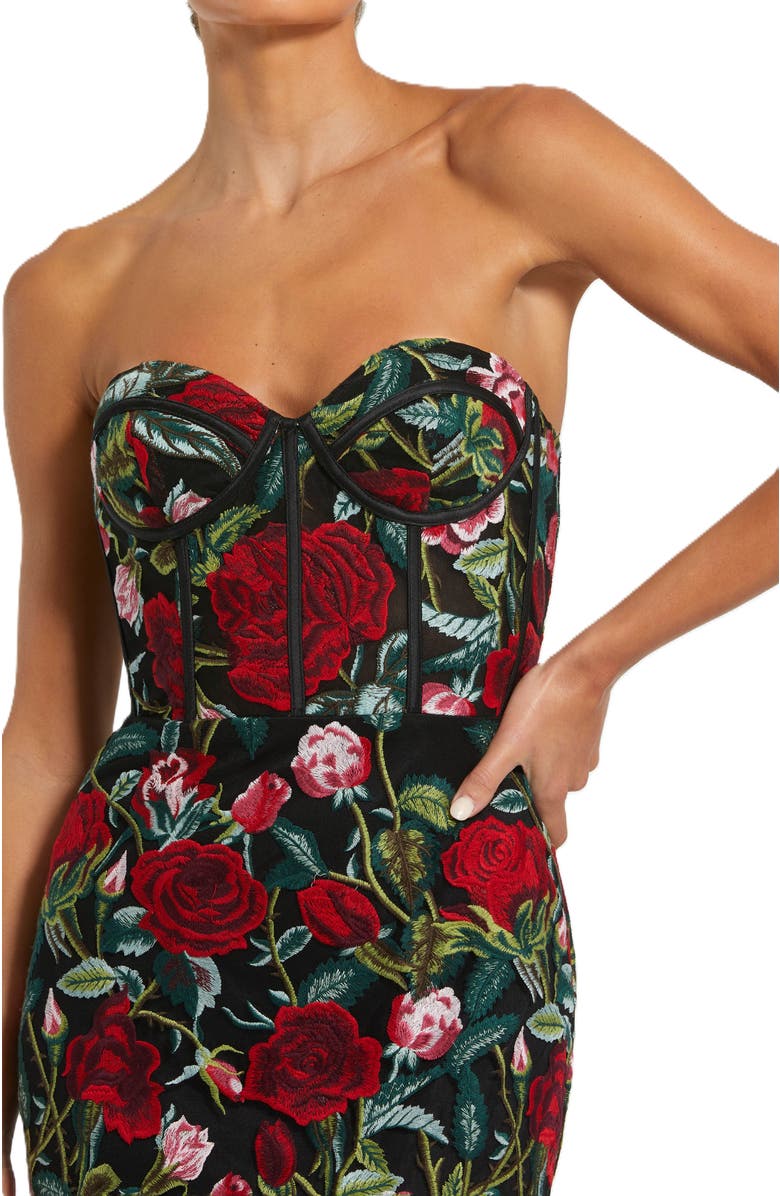 Mac Duggal Sheer Bustier Top Floral Applique Gown, Alternate, color, Black Multi