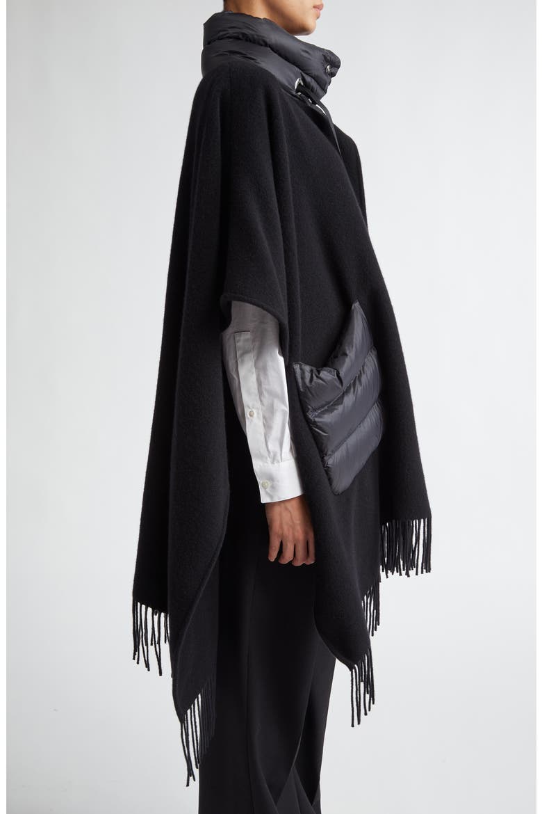 Mixed Media Fringe Trim Poncho, Alternate, color, BLACK
