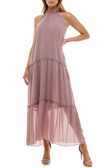 Socialite Tiered Metallic Stripe Maxi Dress In Pink