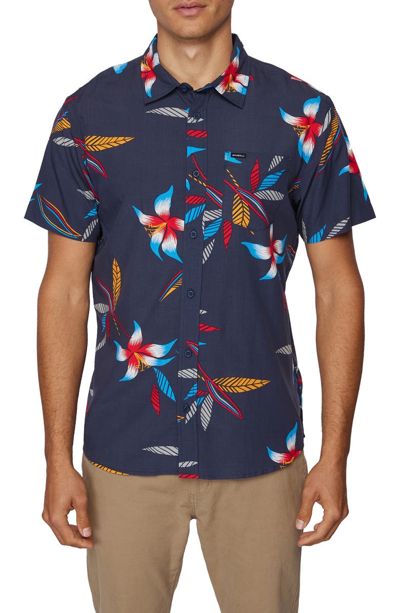 O'Neill Yabro Hibiscus Short Sleeve Button-Up Shirt, Main, color, 