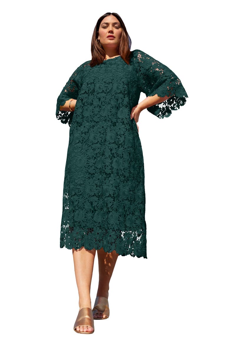 Bell Sleeve Lace Midi Dress, Main, color, DARK PINE GREEN