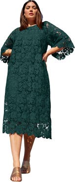 June + Vie Bell-Sleeve Lace Midi Dress