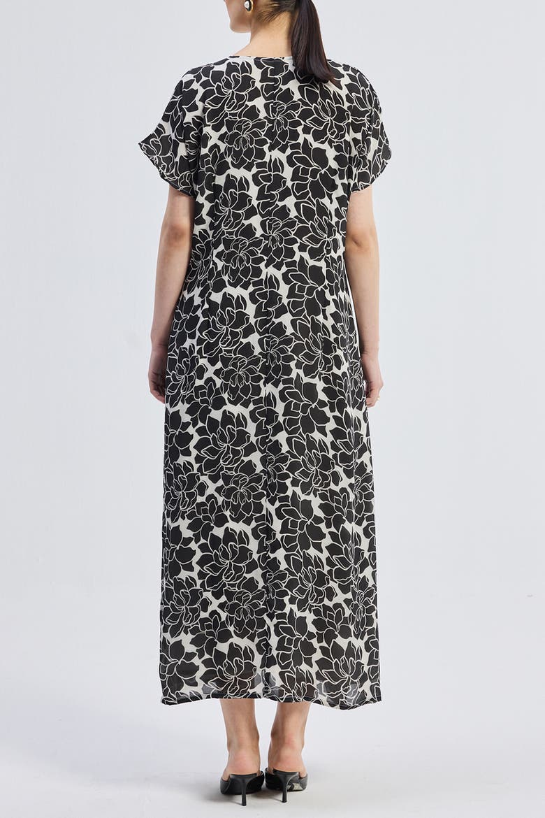 Deep V-neck Maxi Dress with Front Gathers in Black Florals, Alternate, color, Midnight Bloom
