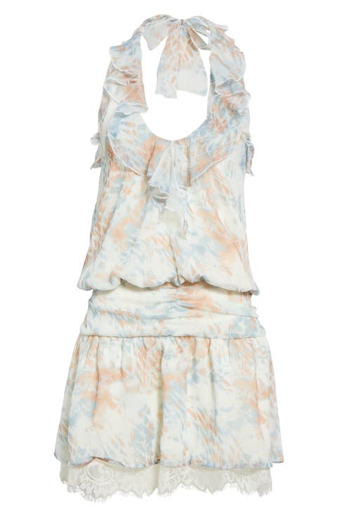Abstract Print Lace Detail Chiffon Bubble Dress
