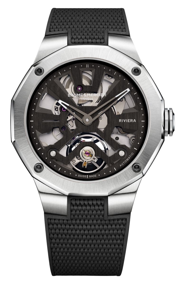 Baume & Mercier Riviera 10721 Skeleton Rubber Strap Automatic Watch, 42mm, Main, color,