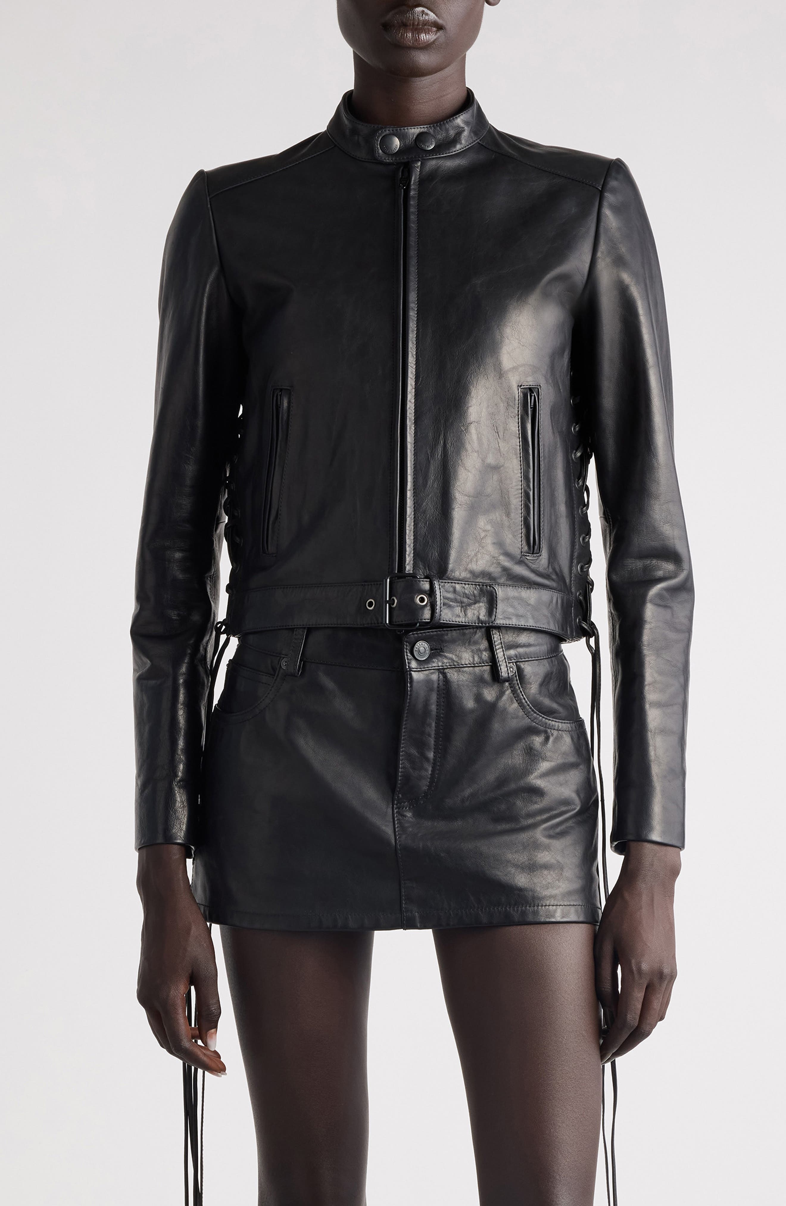 Lace-Up Leather Biker Jacket