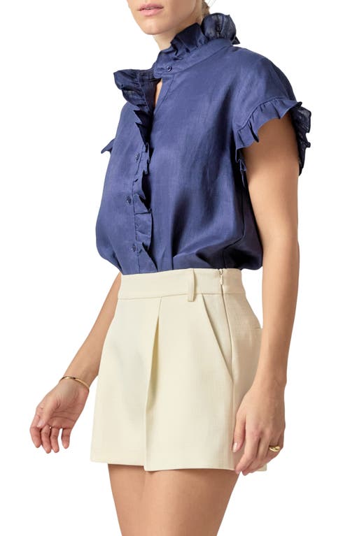 English Factory Ruffle Trim Linen Button-up Shirt In Navy