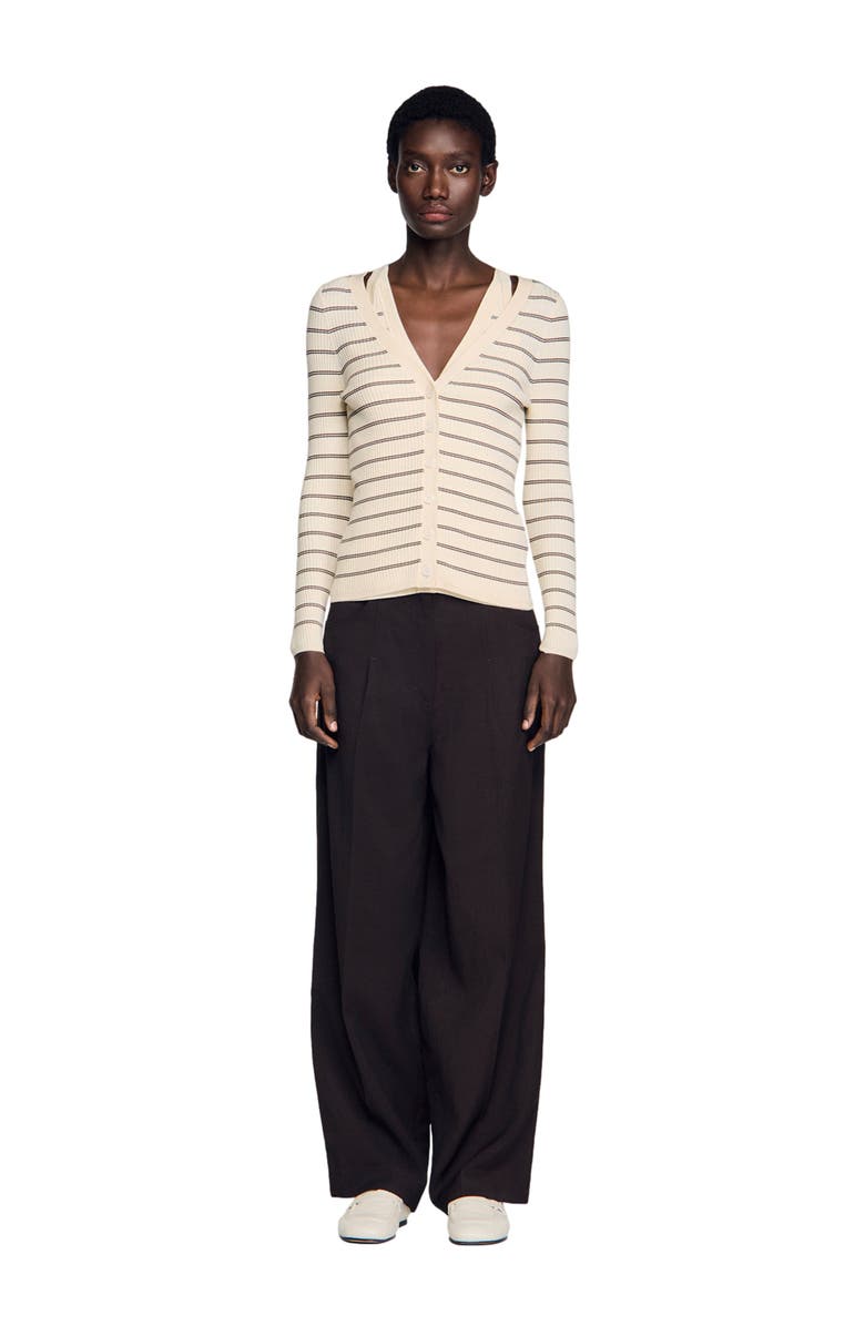 SANDRO Striped ribbed cardigan, Alternate, color, Ecru / Brown