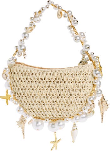 L'alingi Cluster Shell Imitation Pearl Raffia Shoulder Bag | Nordstrom