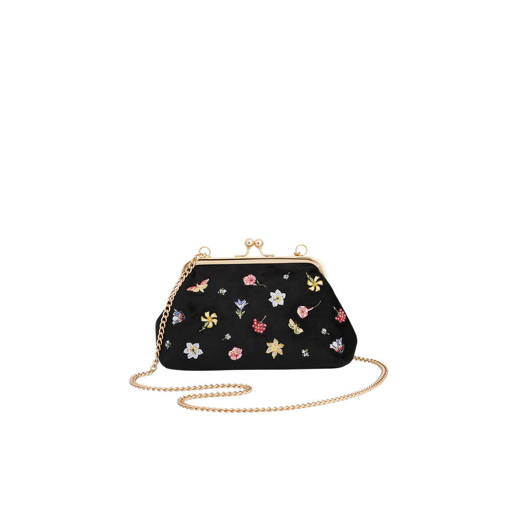 Fable England Floral Ditsy Embroidered Black Velvet Clutch Bag In Black
