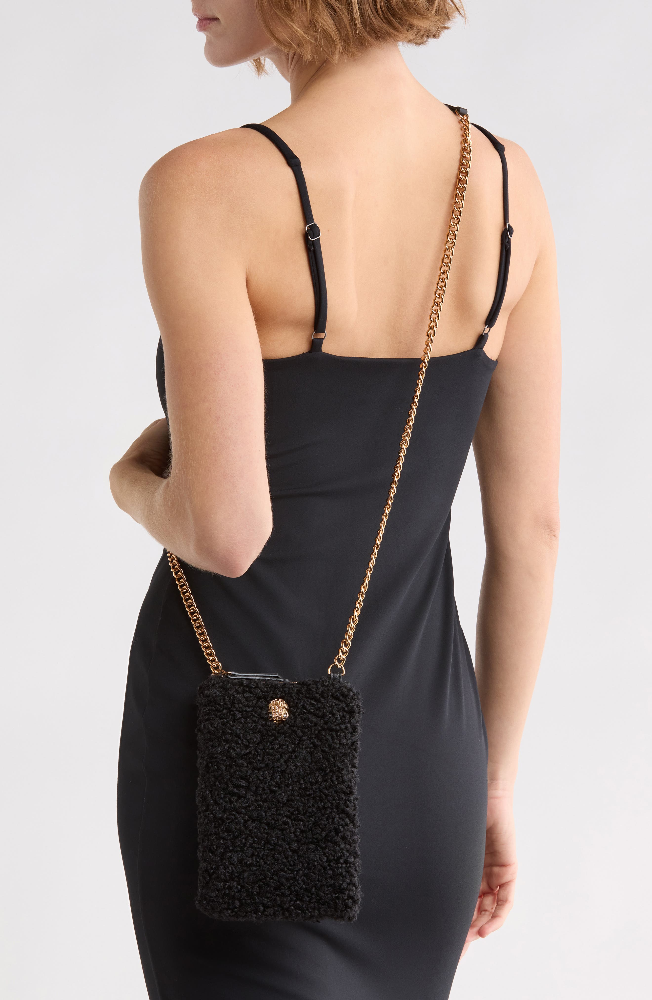 Faux Shearling Phone Crossbody Bag, Alternate, color, BLACK