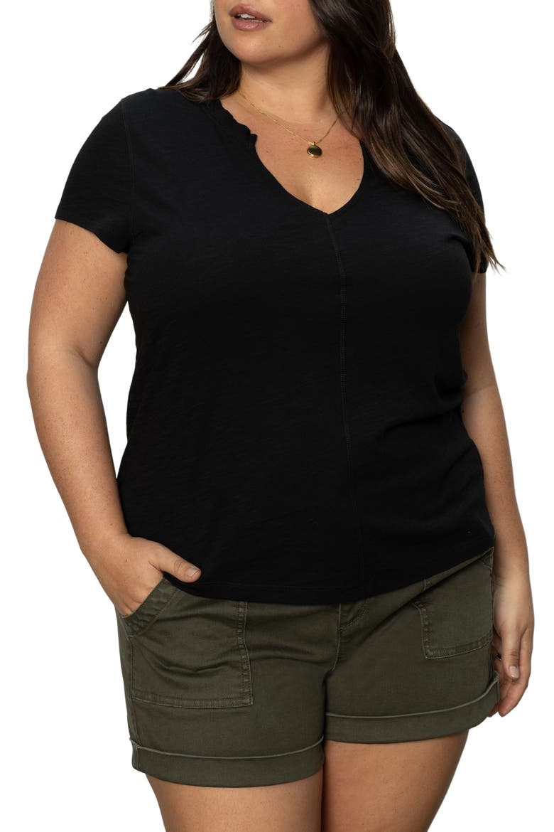 The New Girl Split Neck Cotton T-Shirt, Main, color, BLACK