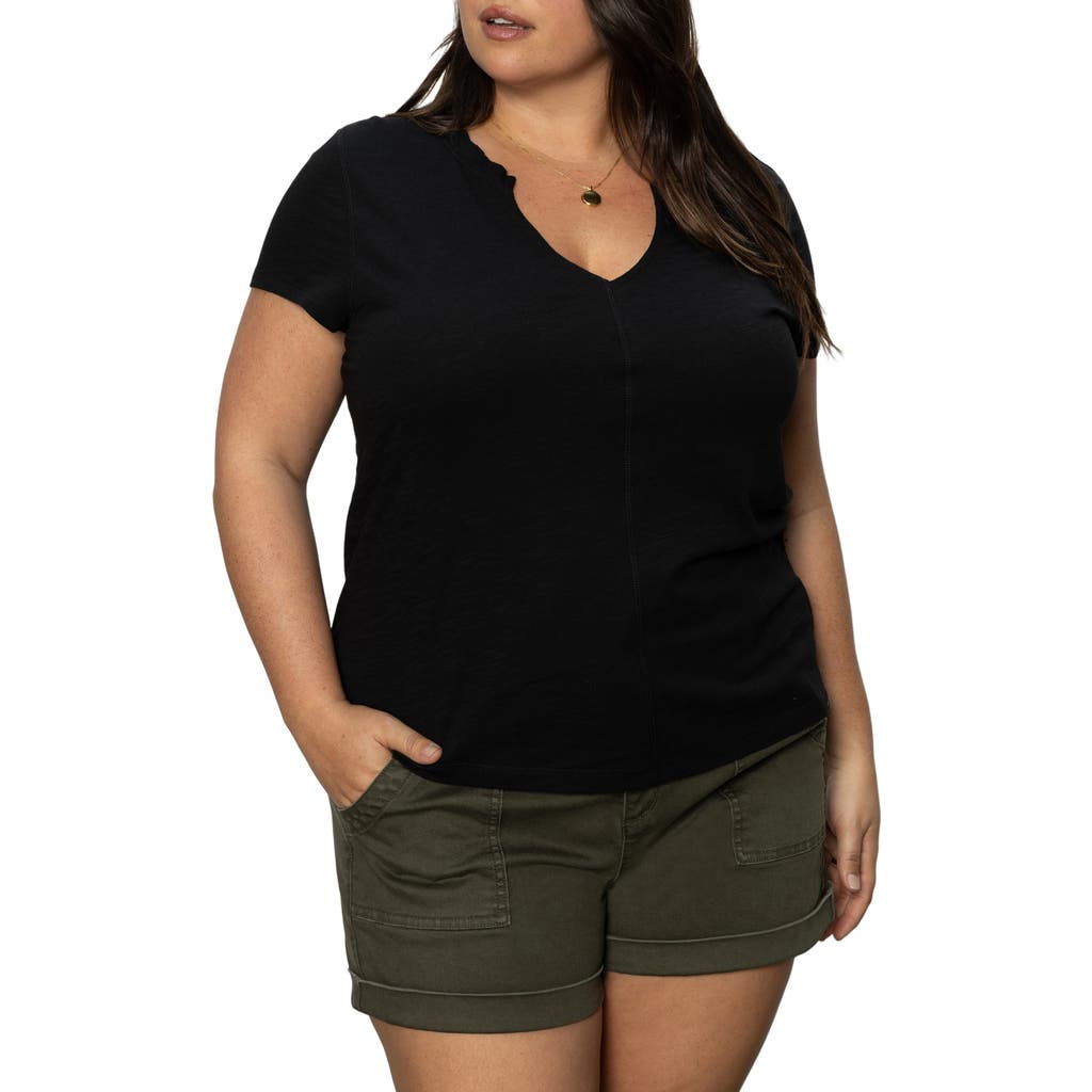Sanctuary The New Girl Split Neck Cotton T-shirt In Black
