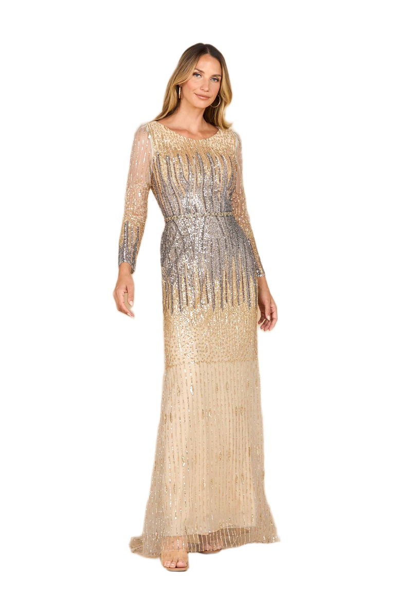 LARA New York Mermaid, Beaded Long Sleeve Gown, Main, color, Gold Gunmetal