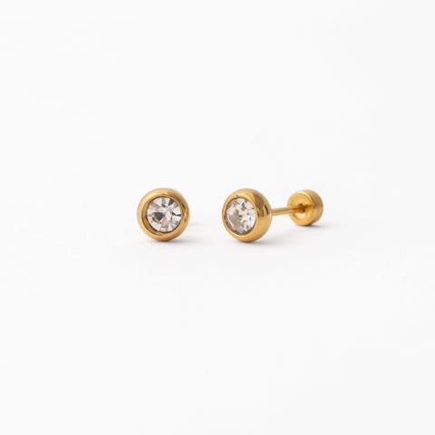 Round Diamond Long Post Hypoallergenic Flatback Stud Earrings