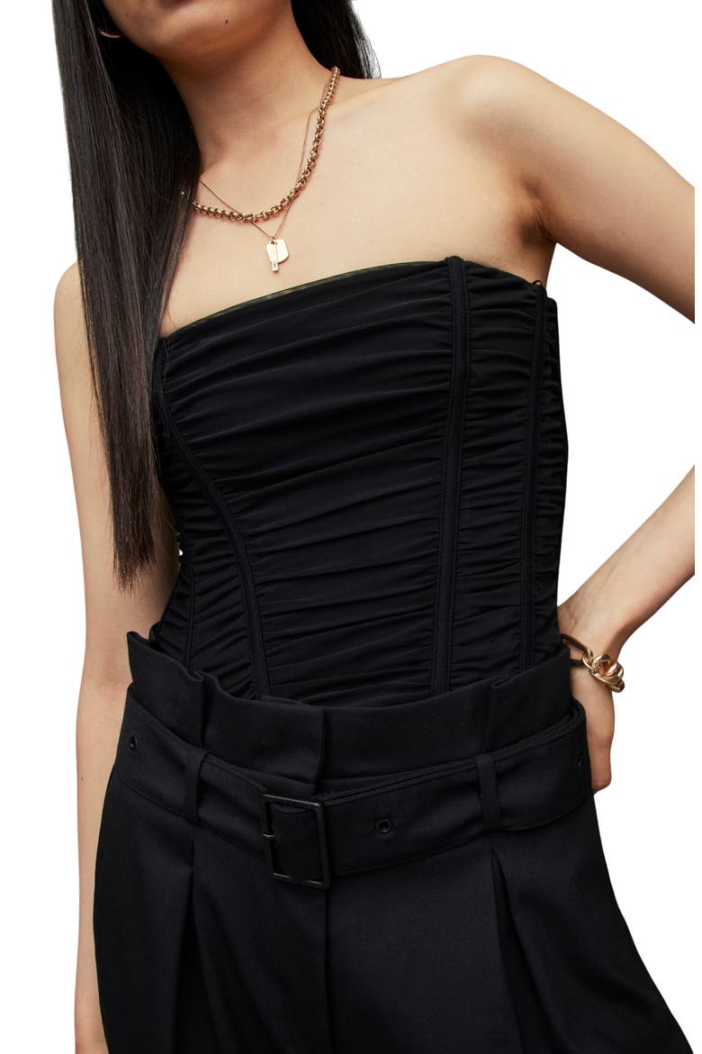 Kym Ruched Strapless Corset Top, Alternate, color, BLACK