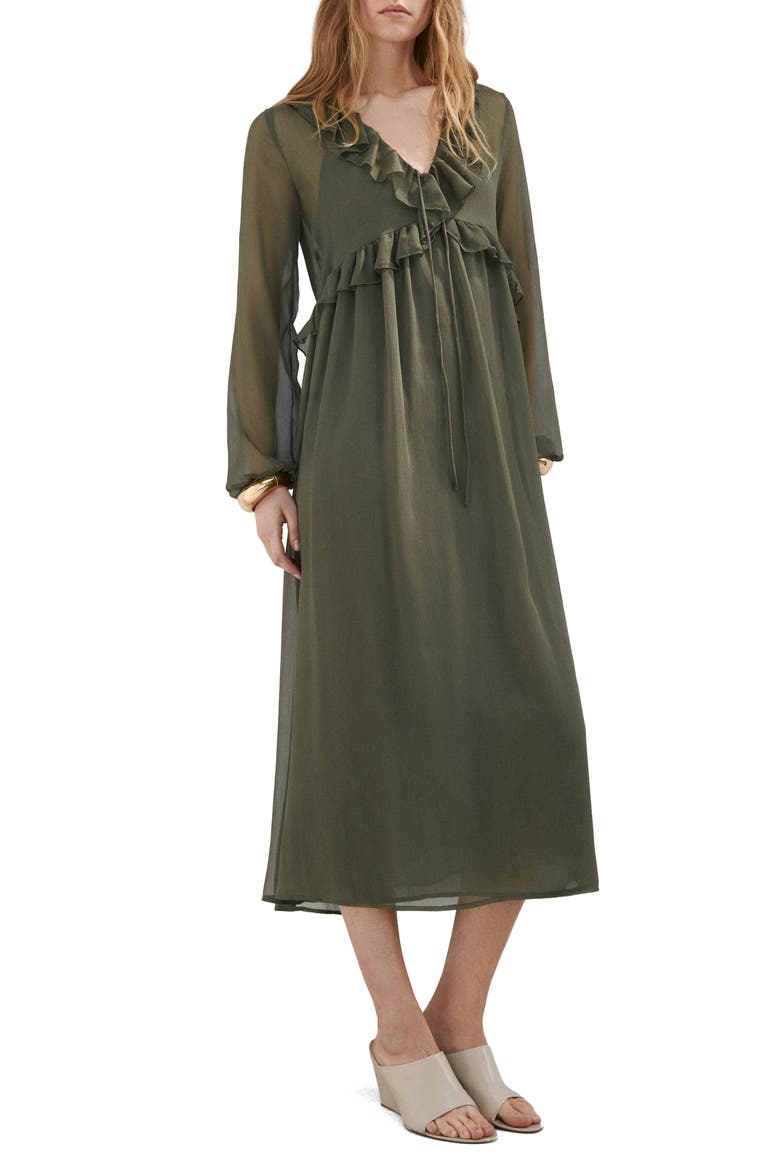 Ruffle Trim Long Sleeve Maxi Dress, Main, color, KHAKI GREEN
