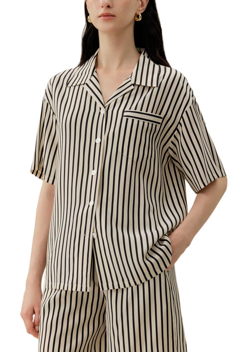 Women's Striped Silk Cuban Collar Shirt, Main, color, Ink Stripe