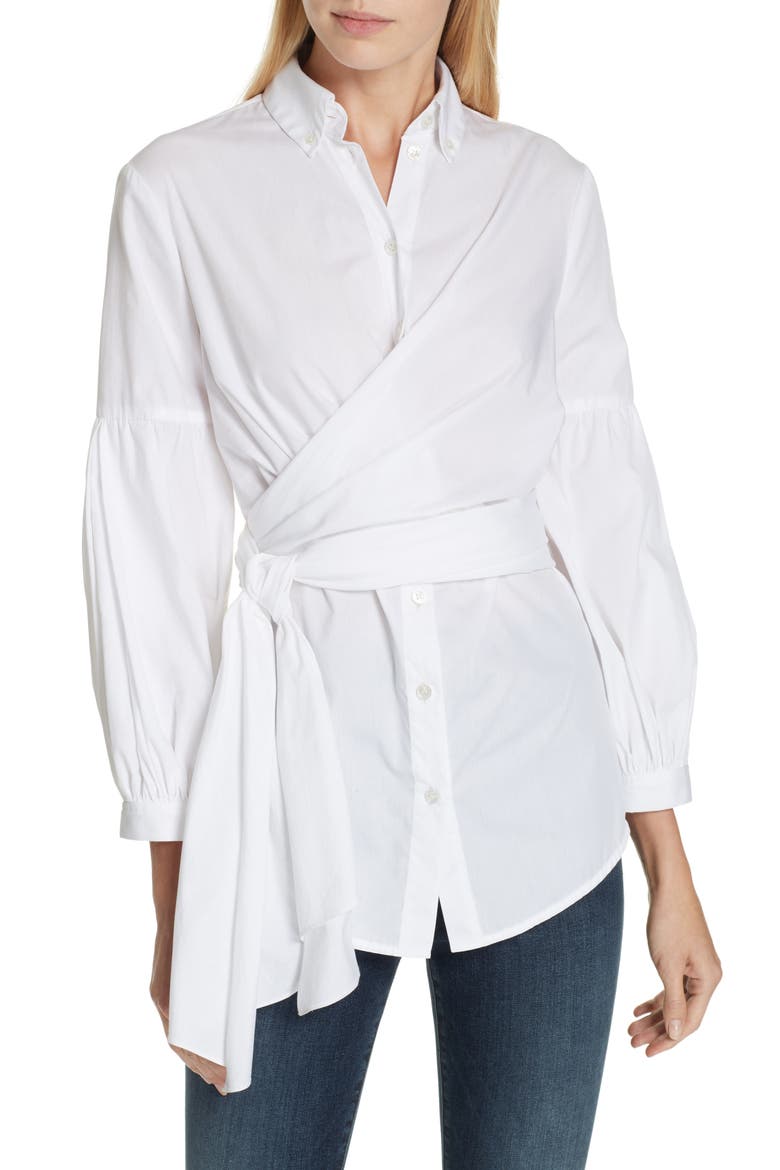 Sinclair Puff Sleeve Wrap Detail Shirt, Main, color, WHITE