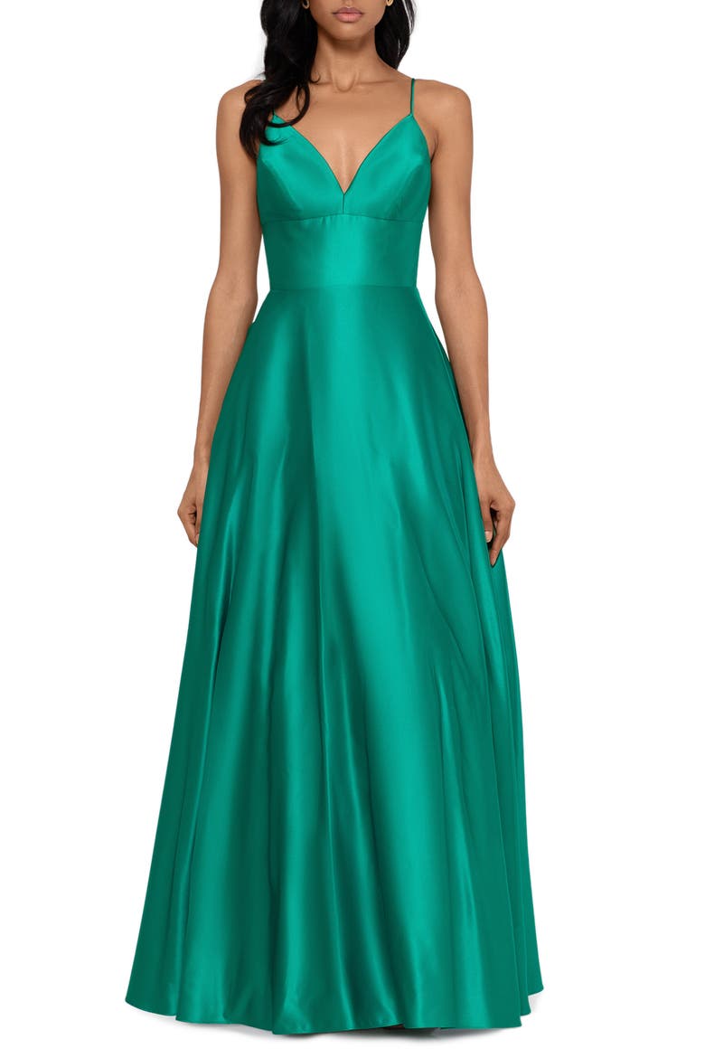 V-Neck Satin Princess Gown, Main, color, KELLY